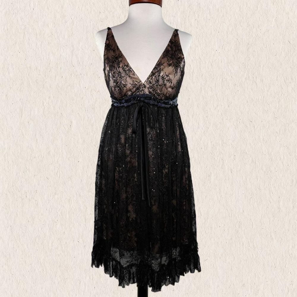 Y2K Marc Bouwer Glamit Black‎ Lace Beaded Midi Babydoll Dress Size 4 Gothic Glam